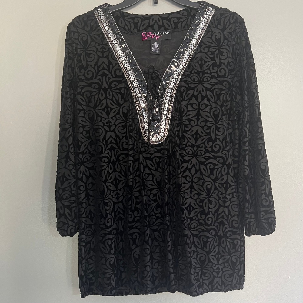 Peck & Peck Black Burnout Velvet Embellished Tassel Tunic Top Medium metallic